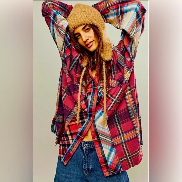 We The Free Patched Up Plaid Shirt Extra Small Berry Combo - Picture 2 of 8